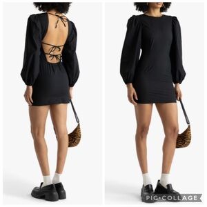 GANNI Sleek Minimalist Poplin Open Back Puff Sleeve Black Mini Dress Size 38 US8